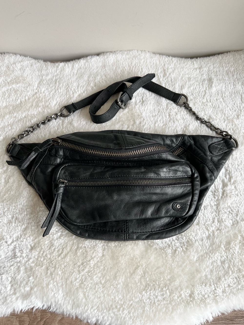 Free People Black Genuine Leather Chain Accent Waist Bag